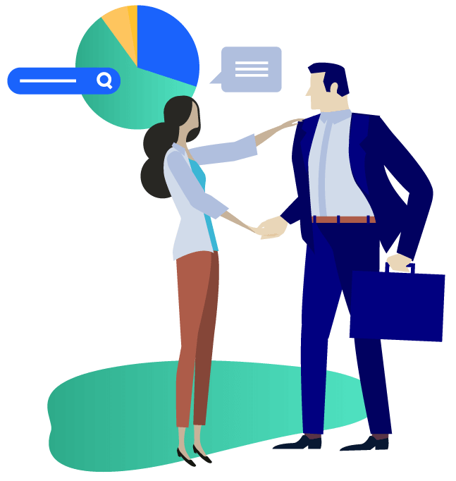 Vector illustration of a male figure in a suit shaking hands with a female figure. There is a pie chart, a stylized search bar, and a text bubble behind them.